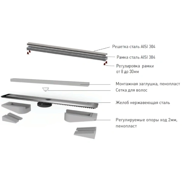 желоб berges водосток напольный b1 antik 300 нержавеющая сталь, решетка матовый хром, s-сифон вертикальный