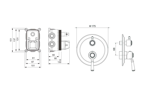 смеситель для душа aquatek классик aq1547pg, на 3 потребителя, с внутренней частью, цвет полированное золото.