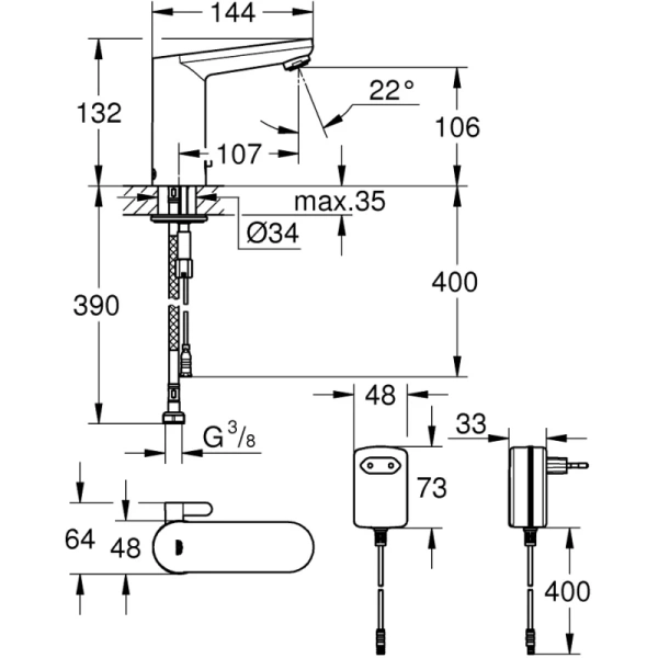 инфракрасная электроника для раковины со смешиванием grohe eurosmart cosmopolitan e 36325001