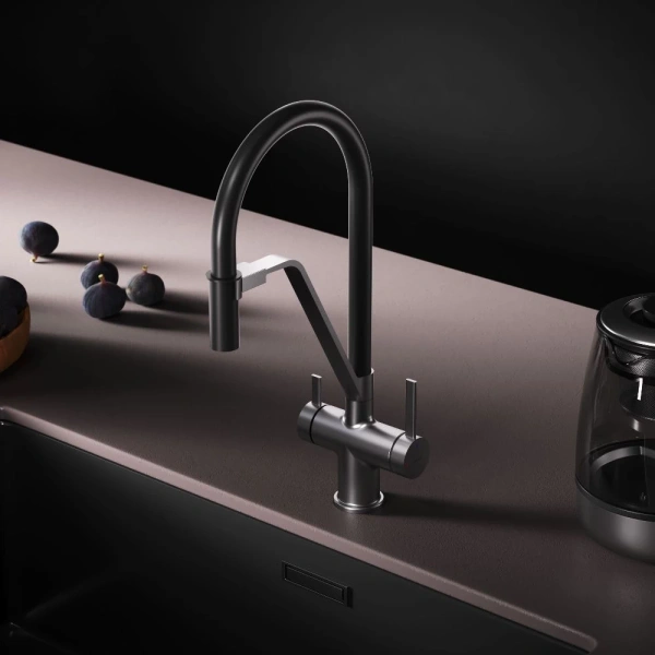 смеситель для кухни am.pm func f8f07812 coolstart, с подключением к фильтру, гибким изливом, сатин/черный