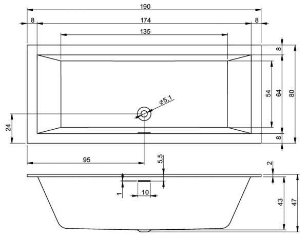 акриловая ванна riho rething cubic 190x80 r b108022005, заполнение через перелив