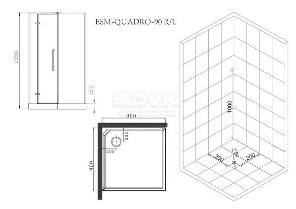 душевая кабина esbano esm-quadro-90 (left) 90x90 eskm90qdl стекло прозрачное, профиль черный матовый