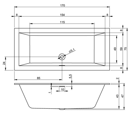 акриловая ванна riho rething cubic 170x75 r b105022005, заполнение через перелив