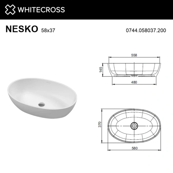 умывальник whitecross nesko 0744.058037.200 58x37 белый матовый