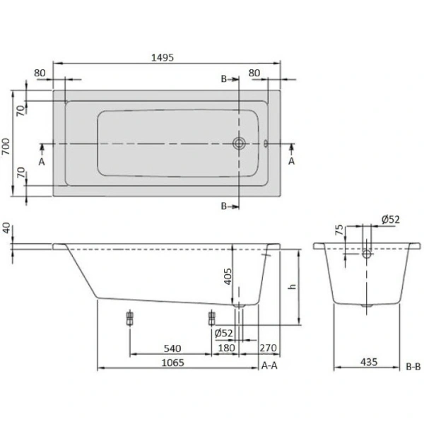 акриловая ванна villeroy & boch targa plus solo uba150nes2v01+u99740000 150x70 см, с ножками