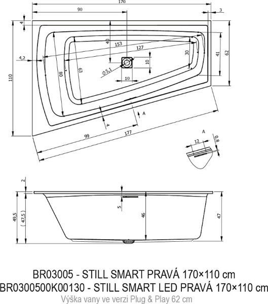 акриловая ванна riho still smart fall b101015005 170x110 r белая, заполнение через перелив