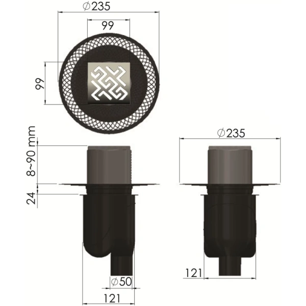 душевой трап berges platz antik 100x100 090060 с решеткой хром матовый