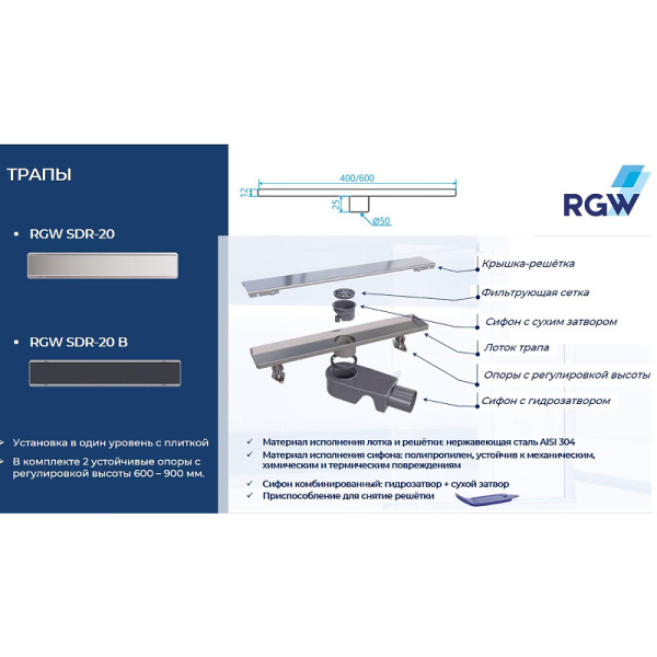 душевой лоток rgw sdr-20 47212060-01 с решеткой хром