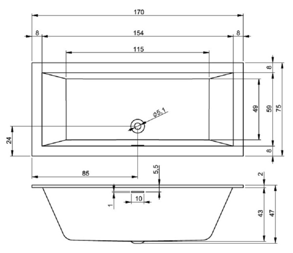 акриловая ванна riho rething cubic 170х75 b105001005 (br0700500000000) без гидромассажа