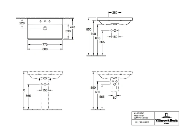 раковина villeroy & boch avento 415681r1 подвесная/мебельная, 80x47xh16,5см, альпийский белый с ceramicplus