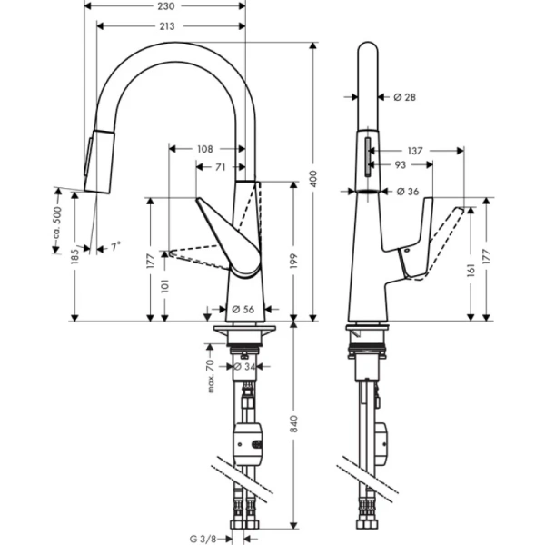 смеситель для кухни, с выдвижным душем hansgrohe talis m51 72813800, сталь