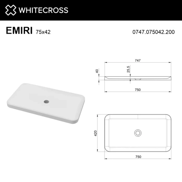 умывальник whitecross emiri 0747.075042.200 75x42 белый матовый