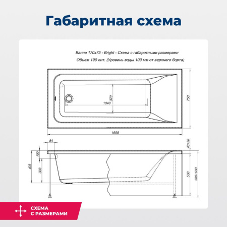 акриловая ванна santiplus bright 170х75 см, с каркасом, цвет белый.