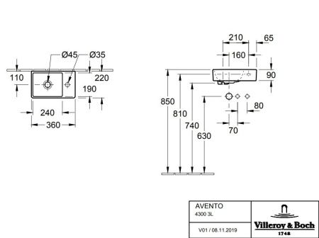 раковина подвесная villeroy & boch avento 36 см 43003l01, цвет альпийский белый.