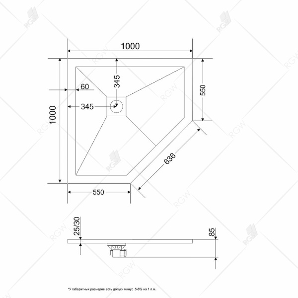 душевой поддон из искусственного камня rgw stone tray st/t-g 100х100 16155100-02 графит