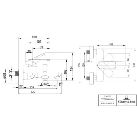 смеситель для ванны с душем villeroy & boch o.novo tvt10400100061