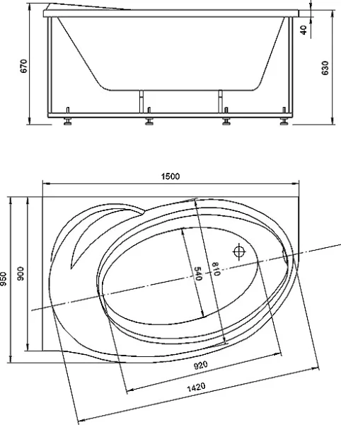 акриловая ванна aquatek бетта 150x95 l bet150-0000067 без гидромассажа с фронтальной панелью с каркасом (разборный) со слив-переливом