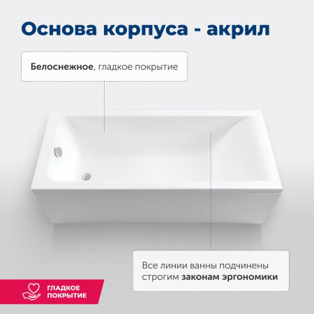 акриловая ванна aquanet bright 165x70 см, 00230255, с каркасом, цвет белый.