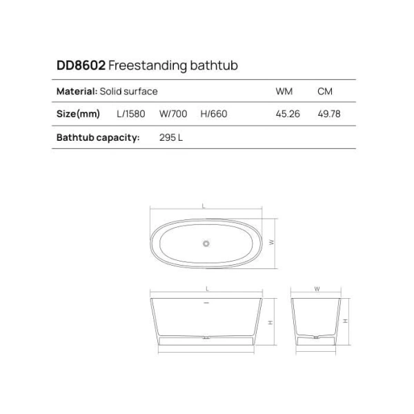 ванна dea design nature dd8602 1580 16 отдельностоящая, solid surface, 158х70х66см., black №16