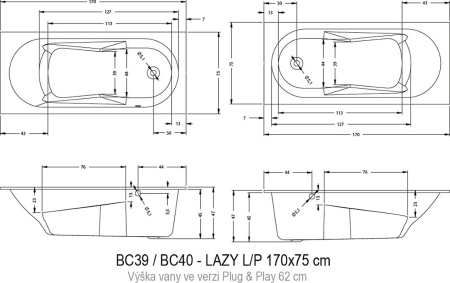 акриловая ванна riho lazy 170х75 l b080001005 (bc4000500000000) без гидромассажа