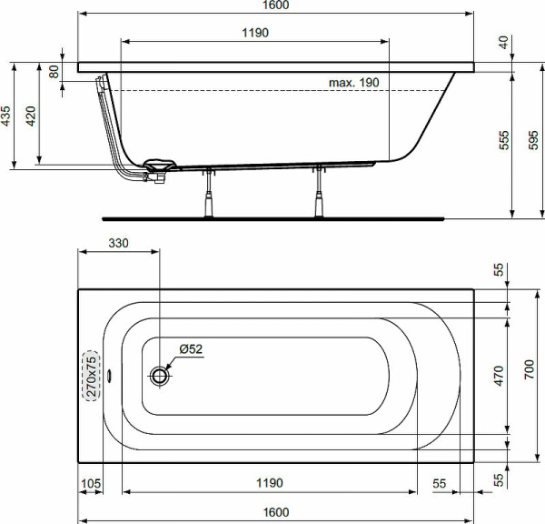 акриловая ванна ideal standard simplicity w004301 160х70 см