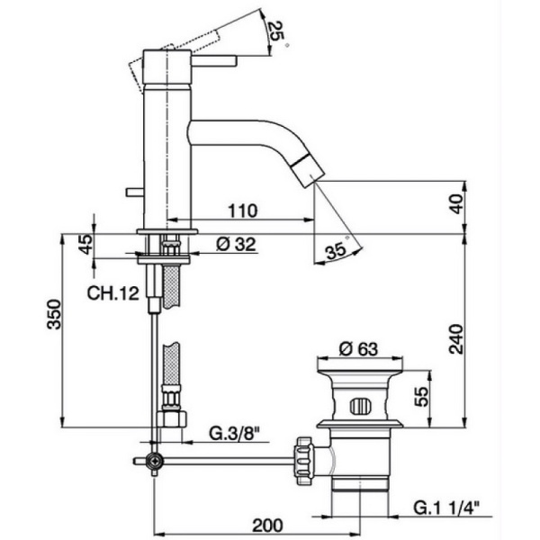 смеситель для раковины с донным клапаном cisal less minimal lm00051021