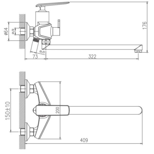 смеситель для ванны haiba hb22548-7 универсальный, цвет черный \ хром