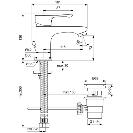 смеситель для раковины с донным клапаном ideal standard alpha bc486aa