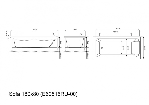 акриловая ванна jacob delafon sofa, 180х80 см, без гидромассажа, белая, e60516ru-00 (gm)