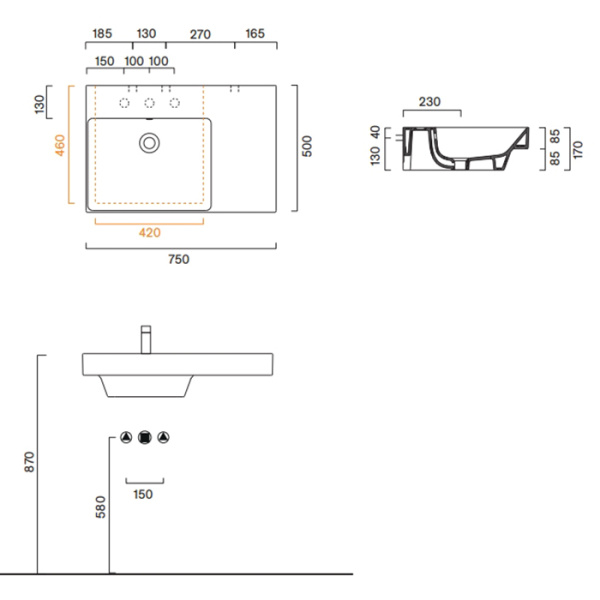 раковина catalano zero 75x50 см чаша слева, с 1 отв., белый глянцевый