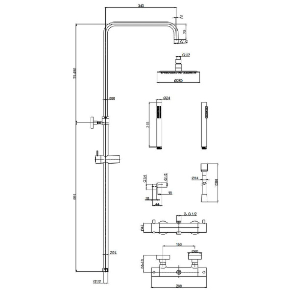 душевая система aquame siena aqm8006bc с термостатом цвет медь шлифованная