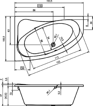 акриловая ванна riho lyra 153x100 b021001005 (ba6700500000000) r без гидромассажа