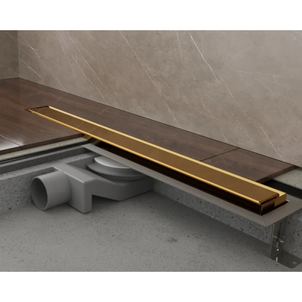 душевой трап (лоток) plumberia selection in-tile pst100or 95,8 см, с решеткой, 2 в 1 под плитку, золотой