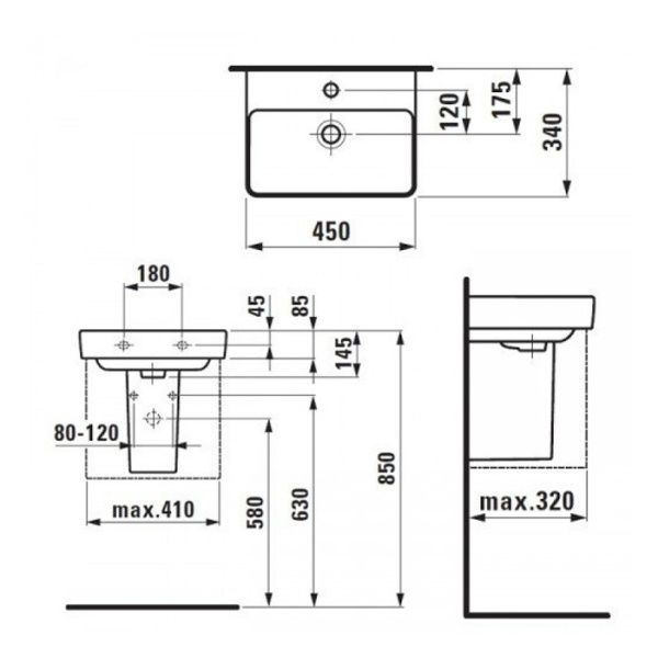 раковина подвесная 45х34х8.5 см laufen pro s 8.1596.1.000.104.1, цвет: белый
