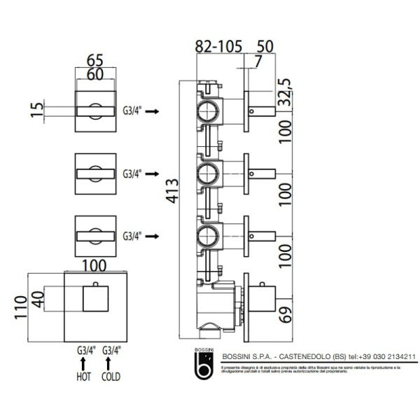 смеситель для душа bossini rectangular z033205.030, с термостатом хром