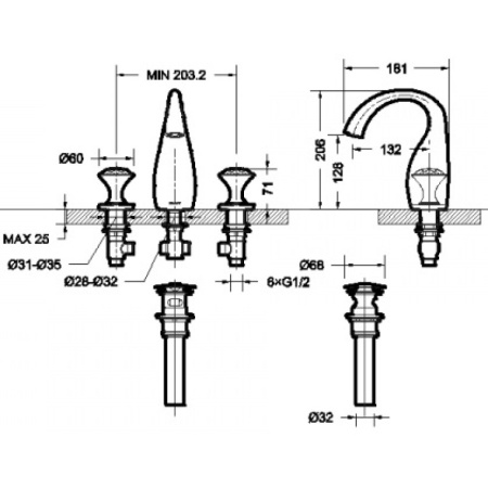 смеситель для раковины bravat swan f24287g-eng золото, на три отверстия