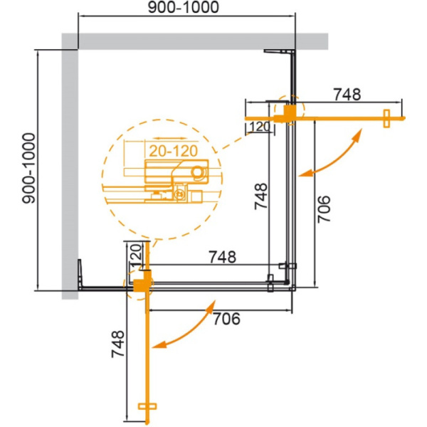 душевой уголок 90-100x90-100 cezares slider-a-2-90/100-grigio-cr серое