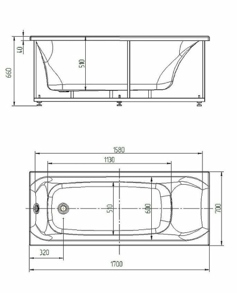 акриловая ванна aquatek афродита 170x70 afr170-0000054 без гидромассажа с фронтальной панелью с каркасом (разборный) со слив-переливом (справа)