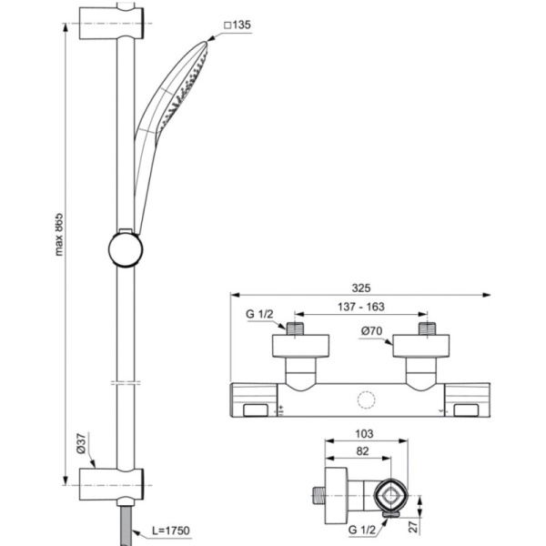 смеситель для душа ideal standard ceratherm т100 a7235aa + гарнитур