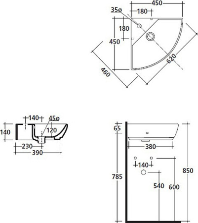 раковина подвесная 45 см galassia m2 5202 - угловая