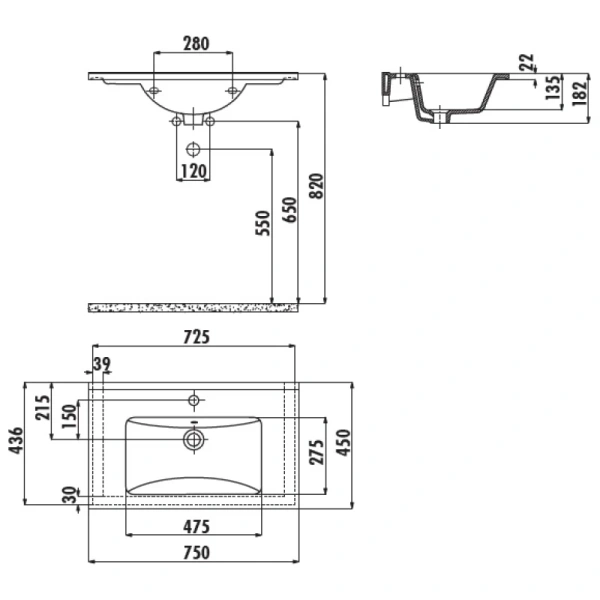 раковина полувстраиваемая creavit su 75 su075-00cb00e-0000, белая