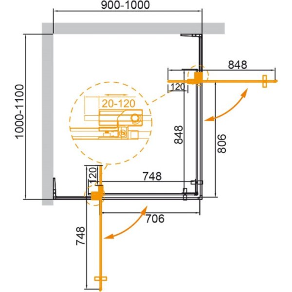 душевой уголок 100-110x90-100 cezares slider-ah-2-90/100-100/110-grigio-cr серое