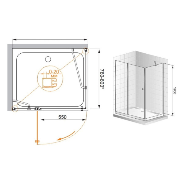 душевой уголок cezares elena 120x80 прозрачное стекло elena-w-ah-1-120/80-c-cr