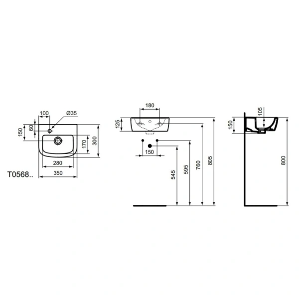 раковина подвесная ideal standard tempo 35 см, t056801