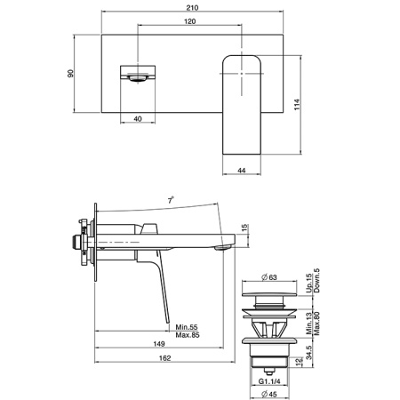 смесительfima carlo frattini fit f3391x5bs для раковины, встраиваемый, донный клапан click-clack, излив 149мм, цвет белый матовый