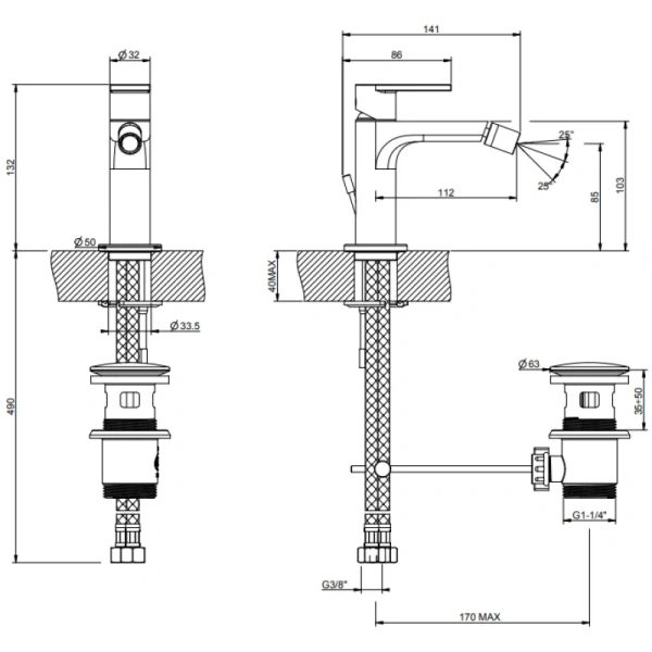 смеситель gessi via manzoni 38608#031 для биде, с донным клапаном, цвет хром