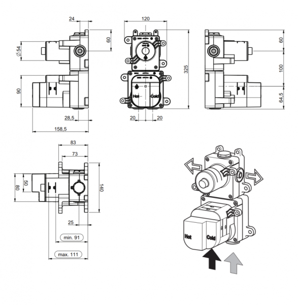 скрытая часть смесителя almar e176502 на 2 потребителя, 1 девиатор