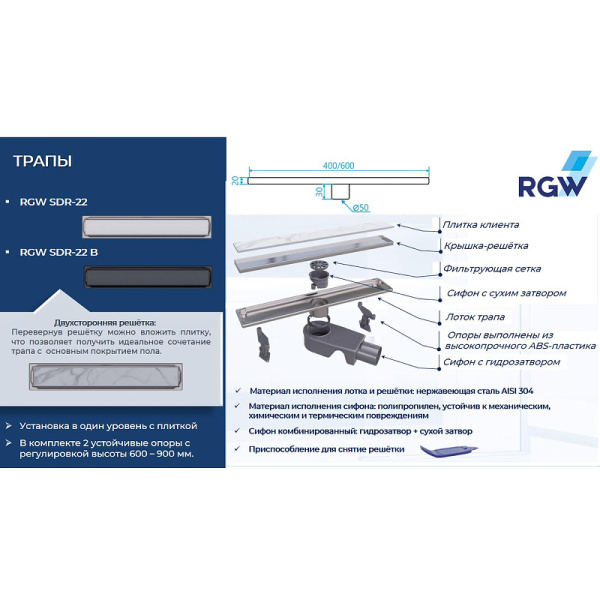 душевой лоток rgw sdr-22b 47212240-04 с двухсторонней решеткой