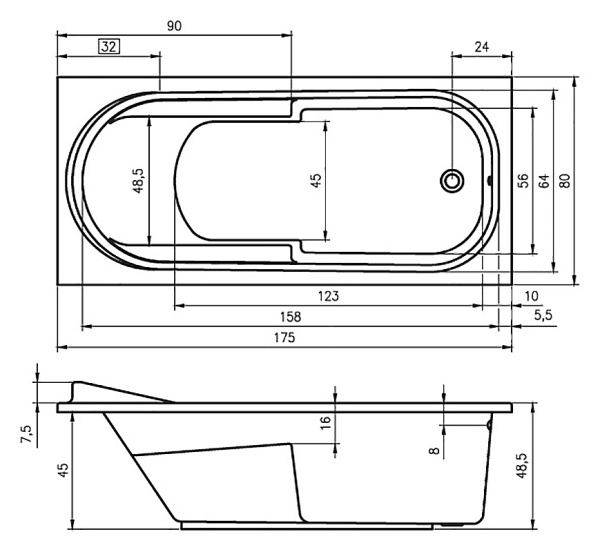 акриловая ванна riho columbia 175x80 b003001005 (ba0400500000000) без гидромассажа