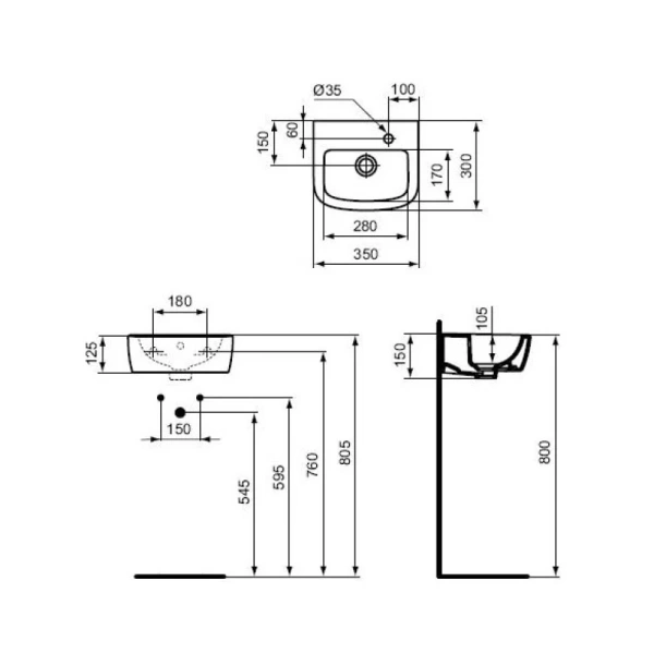 раковина подвесная ideal standard tempo 35 см t056901